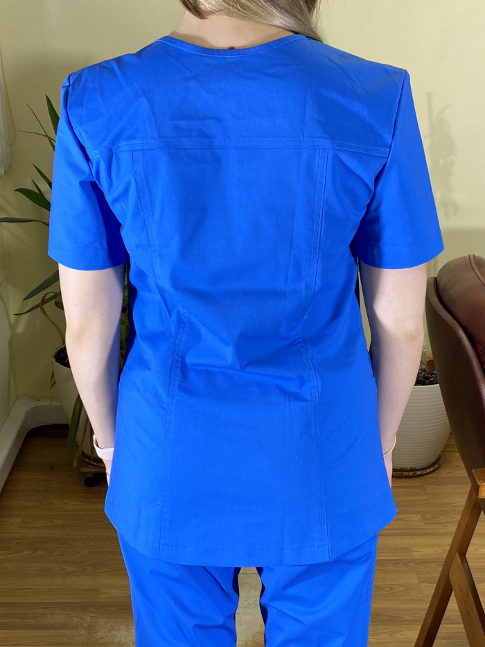 blue medical scrubs, blue scrubs, medical top with zipper, figured neck scrubs