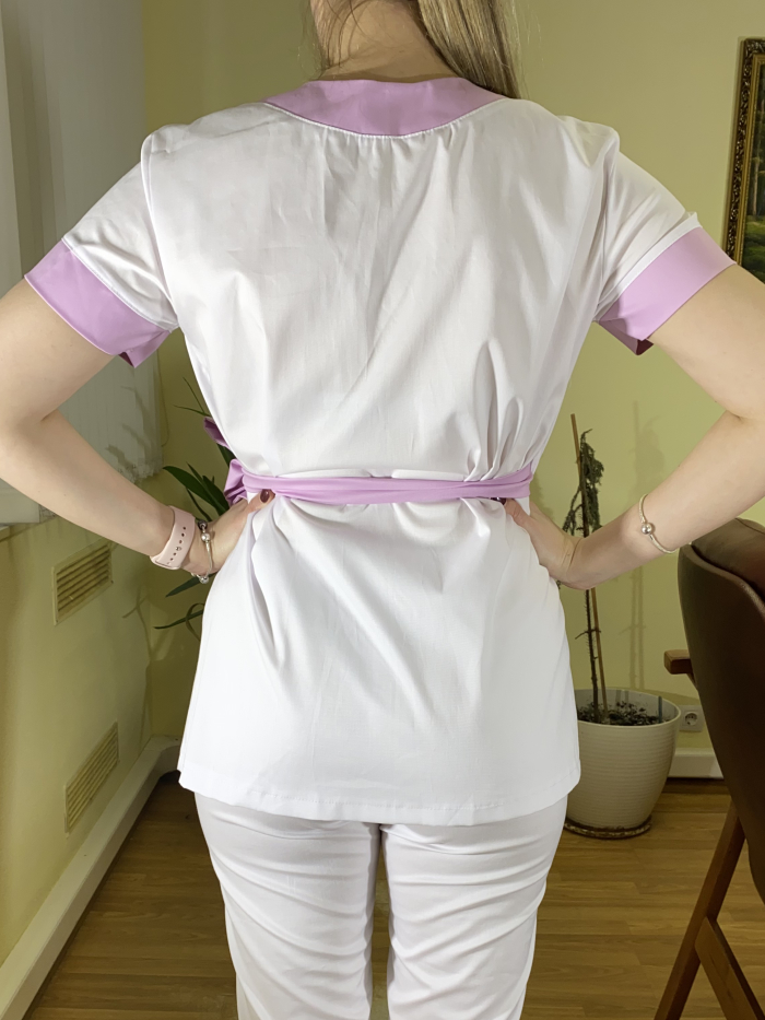 white medical top with belt, scrubs with belt, white scrubs belt, white scrubs pink belt