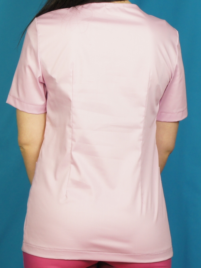 хирургичка розовая блузка для врача,  розовый медицинский топ с белым вырезом