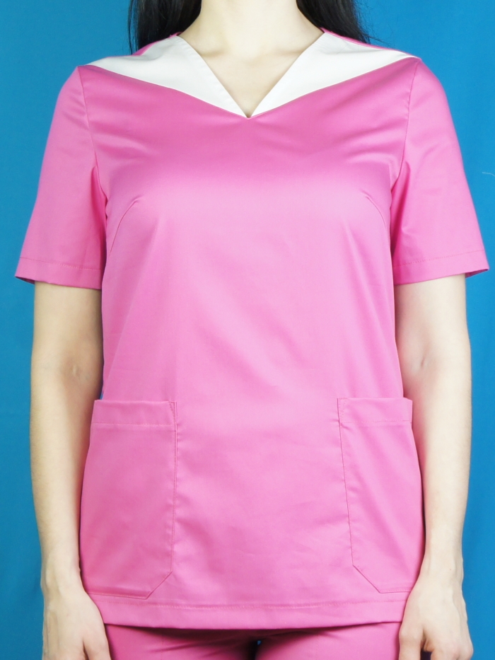 pink medical top, white v-neck pink top for doctors, pink scrubs, v-neck pink medical scrubs