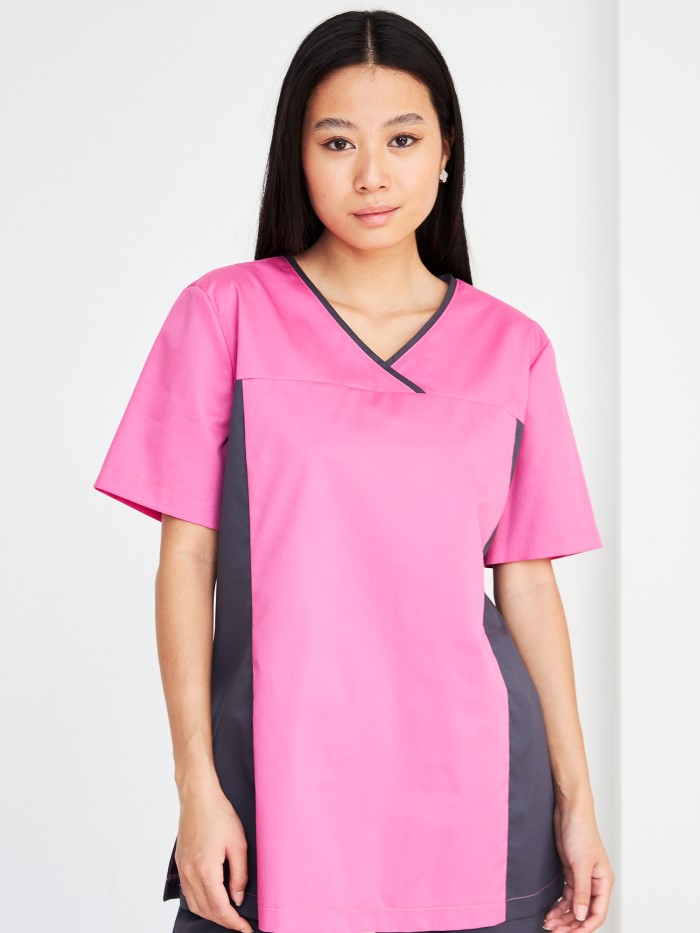 pink medical suit with gray inserts, pink scrubs, pink gray medical top